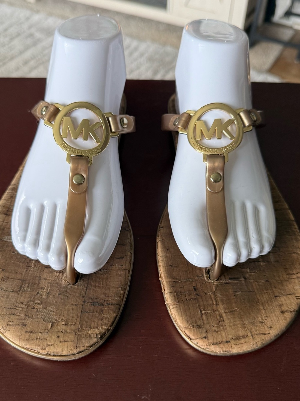 Michael Kors Metallic Gold Logo Thong Sandals with Cork-Style Footbed